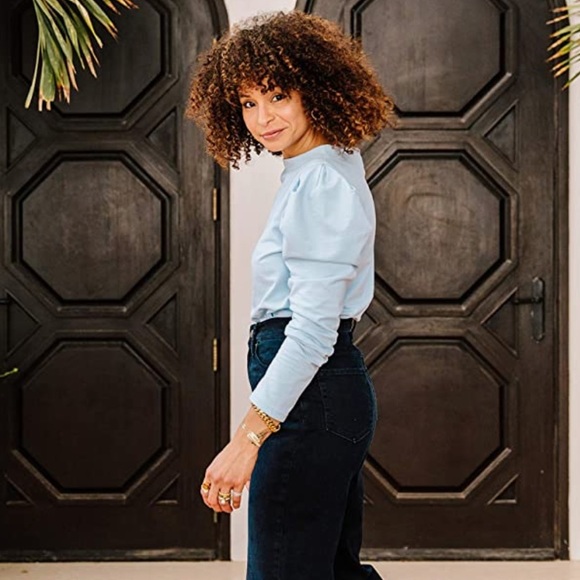 The Drop Women's Airy Blue Wide Mock-Neck Puff-Sleeve Top - Picture 2 of 6